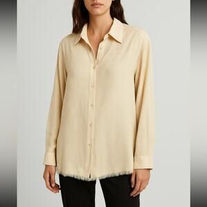 Zara Women’s Paisley Jacquard Button-Up Blouse Shirt Beige Cream Fringe Boho XL